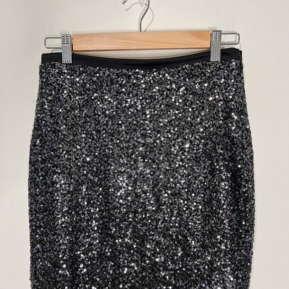 EXPRESS Black Silver Sequins Midi Pencil Skirt Size 4 - Picture 4 of 12